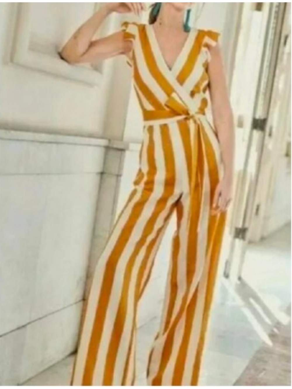 Boden Mila Stripe Linen Jumpsuit Yellow Ochre White Wide Leg Size 12